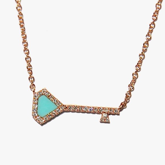 14k Pave Diamond Turquoise Diamond Key Pendant/Necklace - Picture 2 of 6